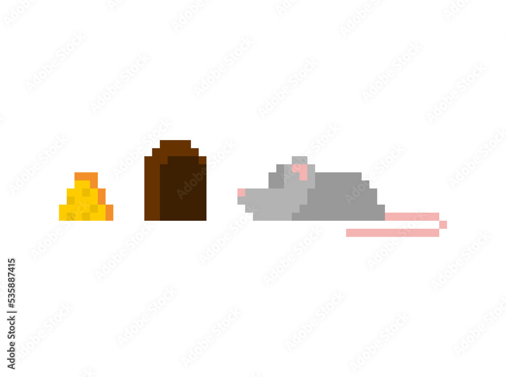 Pixel art Mouse and cheese and burrow set. 8 bit Vector illustration Pixel art Mouse and cheese and burrow set. 8 bit Vector illustration