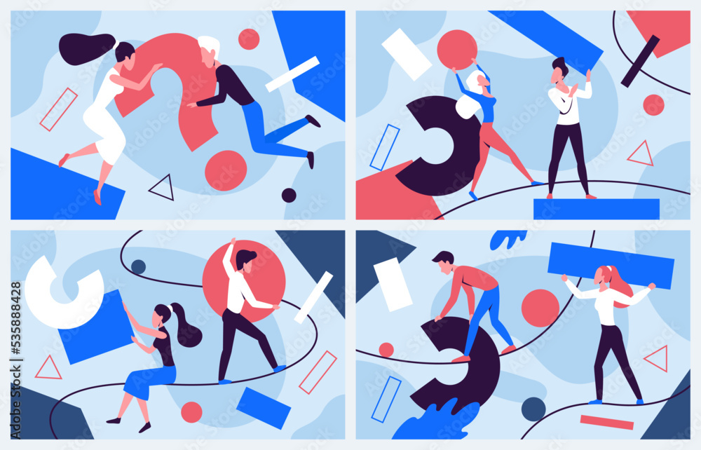 People organize chaos of abstract geometric figures set vector illustration. Cartoon tiny man and woman collect and carry circles and rectangles, office characters hold big question mark background