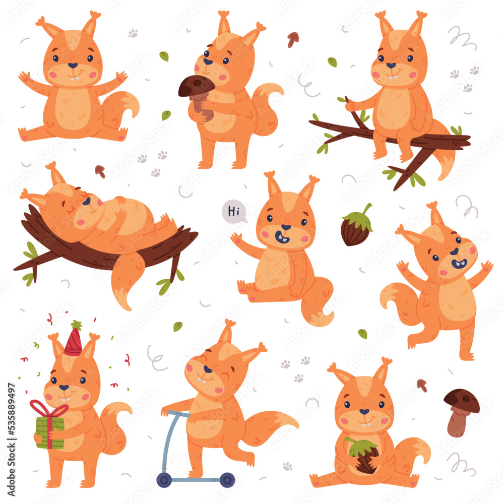 Funny Squirrel Character with Bushy Tail Engaged in Different Activity Vector Set Funny Squirrel Character with Bushy Tail Engaged in Different Activity Vector Set