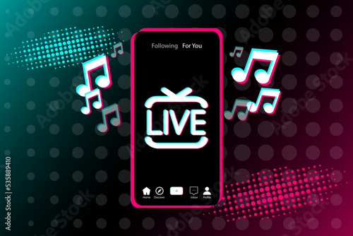 Live icon on smartphone screen in popular social media style. Modern advertising social media design.