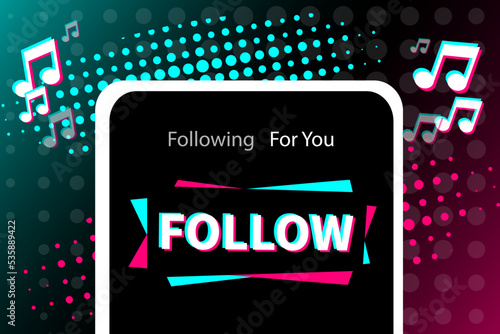 Follow icon on smartphone screen in popular social media style. Modern advertising social media design.