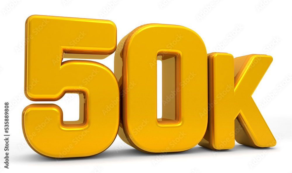 Golden 50K isolated on white background. 50k 3d. Thank you for 50k followers 3D gold. 3D rendering Golden 50K isolated on white background. 50k 3d. Thank you for 50k followers 3D gold. 3D rendering