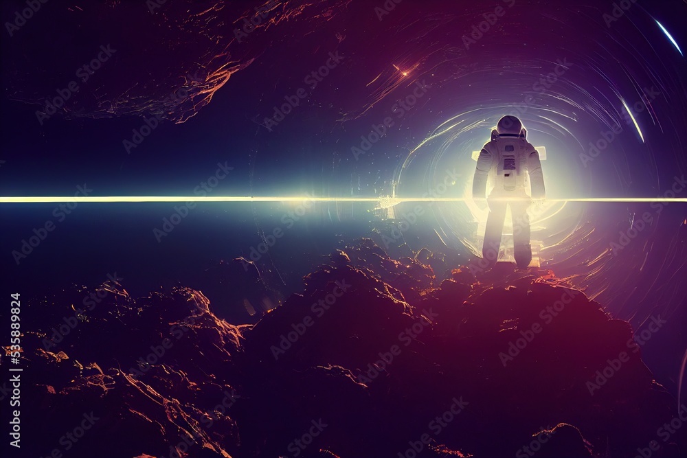 Astronaut stands in front of hyper space tunnel light. Ai generated image is not based on any real image or character