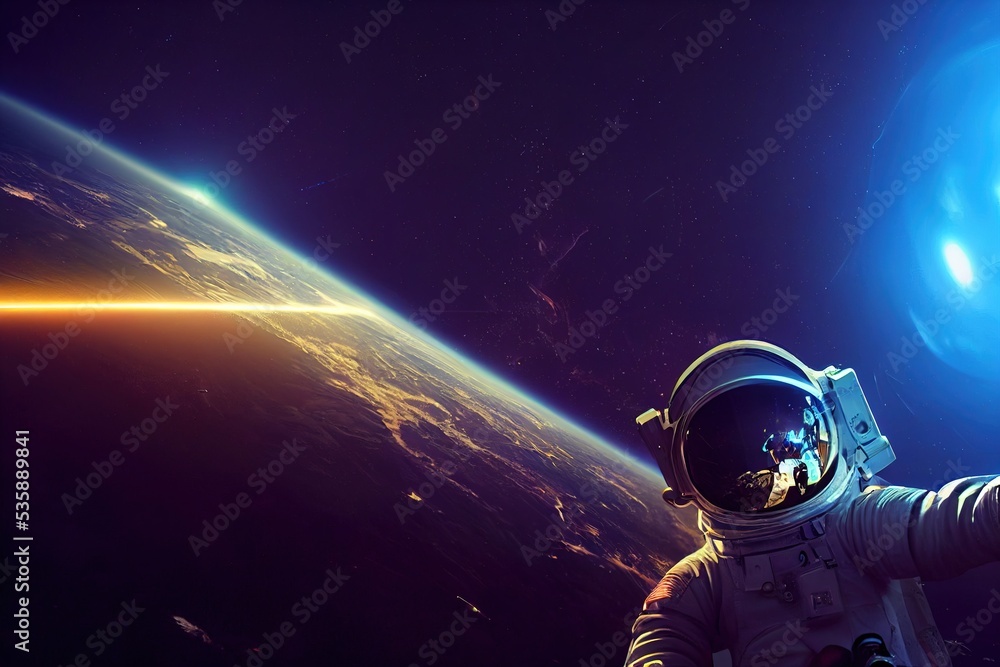 Photorealistic illustration of astronaut taking selfie in the outer space and planet earth on background. Ai generated image is not based on any real image or character Photorealistic illustration of astronaut taking selfie in the outer space and planet earth on background. Ai generated image is not based on any real image or character