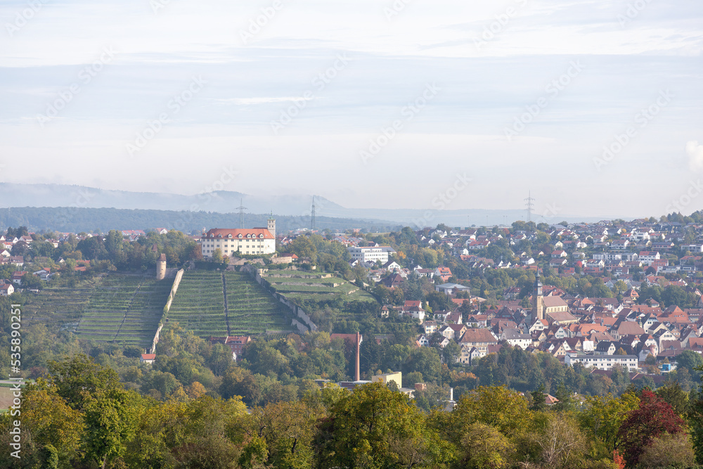 View of Kaltenstein Castle and Vaihingen on a foggy autumn day