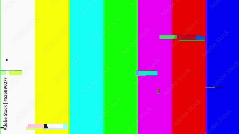 Television screen error. .Color Bars data glitches. Intentional glitch distortion. Test pattern from a tv transmission, with colorful bars, a black box and the warning text No signal.