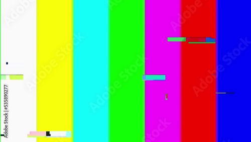 Television screen error. .Color Bars data glitches. Intentional glitch distortion. Test pattern from a tv transmission, with colorful bars, a black box and the warning text No signal.