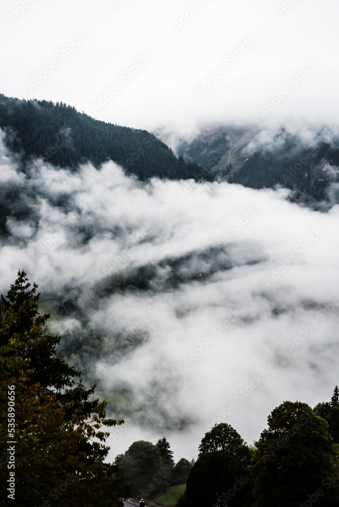 Cloudy mountain views in Wengen Switzerland. 