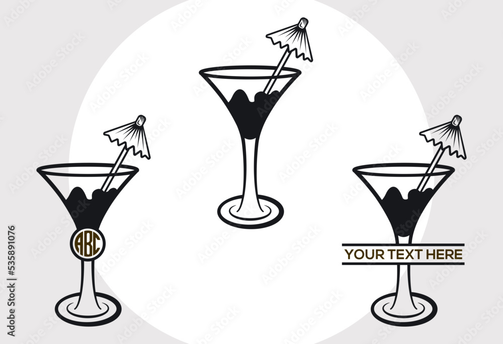 Martini Glass Svg Monogram, Margarita Glass Svg, Wine Glass Svg