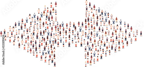Large group of people different silhouette crowded together in arrow direction shape isolated on white background. Vector illustration