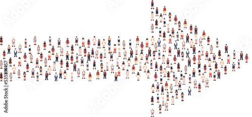 Large group of people silhouette crowded together in arrow right direction shape isolated on white background. Vector illustration