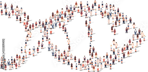 Large group of people silhouette crowded together in fish shape isolated on white background. Vector illustration