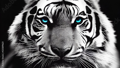 Selective color hyper realistic illustration of the dark face of a tiger with blue eyes