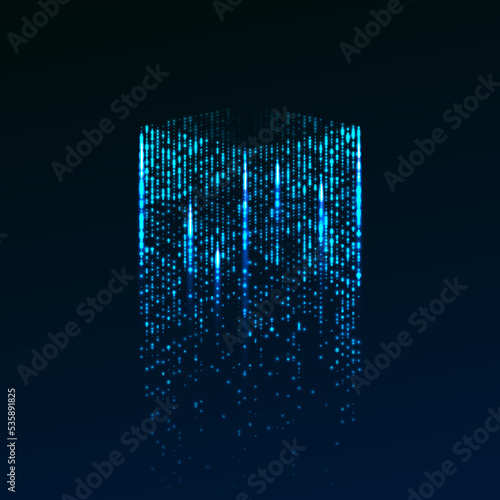3D big data cube made of glowing particles. Isometric bright box with reflection. From Chaos to order. Machine learning. Technology, digital database, network and blockchain connection. Vector