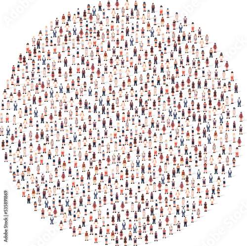 Large group of people silhouette crowded together in circle shape isolated on white background. Vector illustration