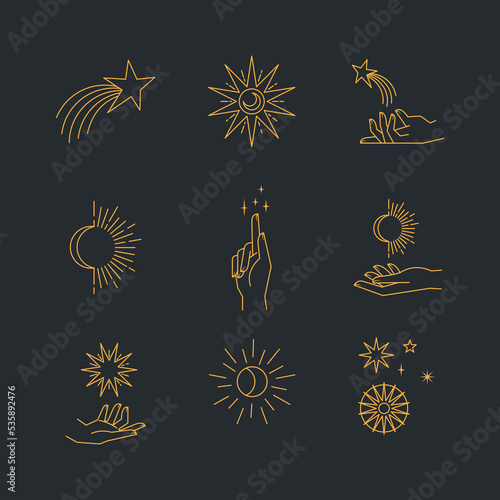 Aesthetic hands and cosmic and celestial elements. Universal cosmos related icons. Linear vector illustrations. Magic and Witchcraft symbology.
