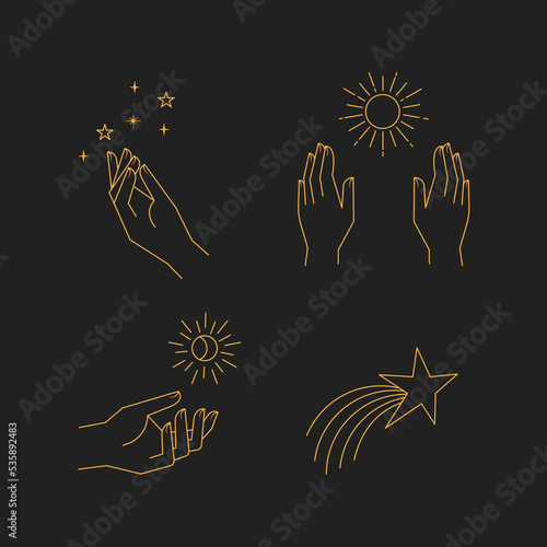 Aesthetic hands and cosmic and celestial elements. Universal cosmos related icons. Linear vector illustrations. Magic and Witchcraft symbology.