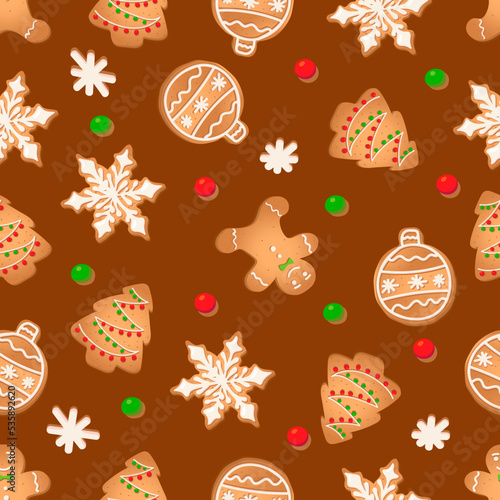 Seamless pattern with ginger cookies on a brown background. Gingerbread man, snowflake, Christmas tree,Christmas ball