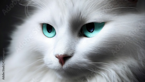 Hyper realistic illustration of a cute white cat face with blue eyes - great for a background photo