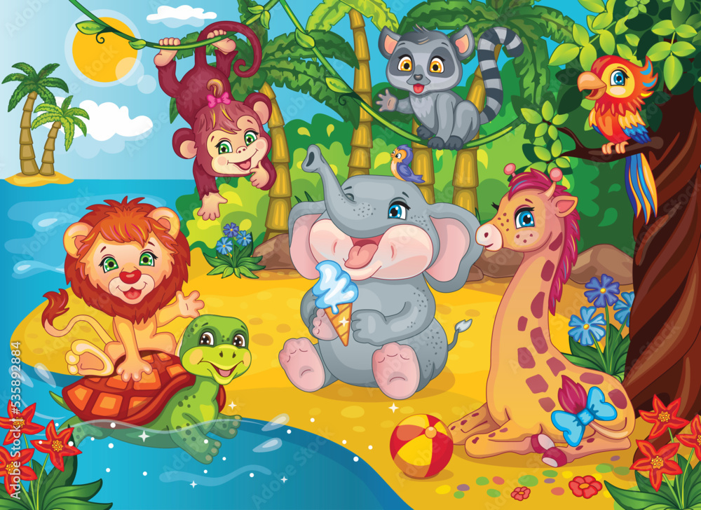 Fairytale background for children wallpaper. Cartoon illustration for  sticker, puzzles. Fabulous African landscape. Magic jungle. Cute little  elephant lion giraffe monkey lemur in zoo. Vector animals Stock Vector |  Adobe Stock