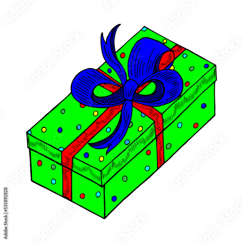 green gift box with a surprise, birthday celebration,Christmas, special gift package, loyalty program reward, miracle gift with exclamation mark, vector icon, flat hand-drawn illustration