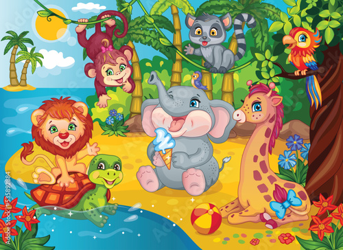 Fairytale background for children wallpaper. Cartoon illustration for sticker  puzzles. Fabulous African landscape. Magic jungle. Cute little elephant lion giraffe monkey lemur in zoo. Vector animals