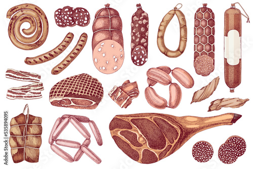 Sausages and meat products vector set.
