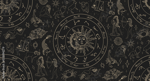 Seamless pattern with zodiac signs. Wheel of astrology. Realistic illustration of zodiac signs. Horoscope vector illustration.