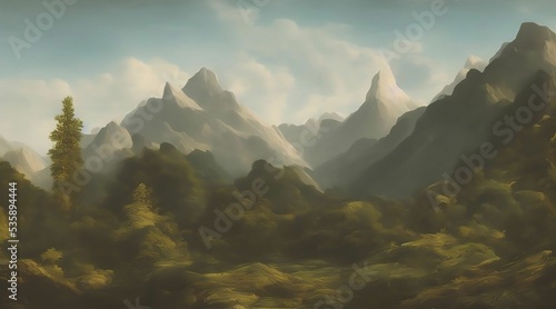 A landscape of mountains and forests