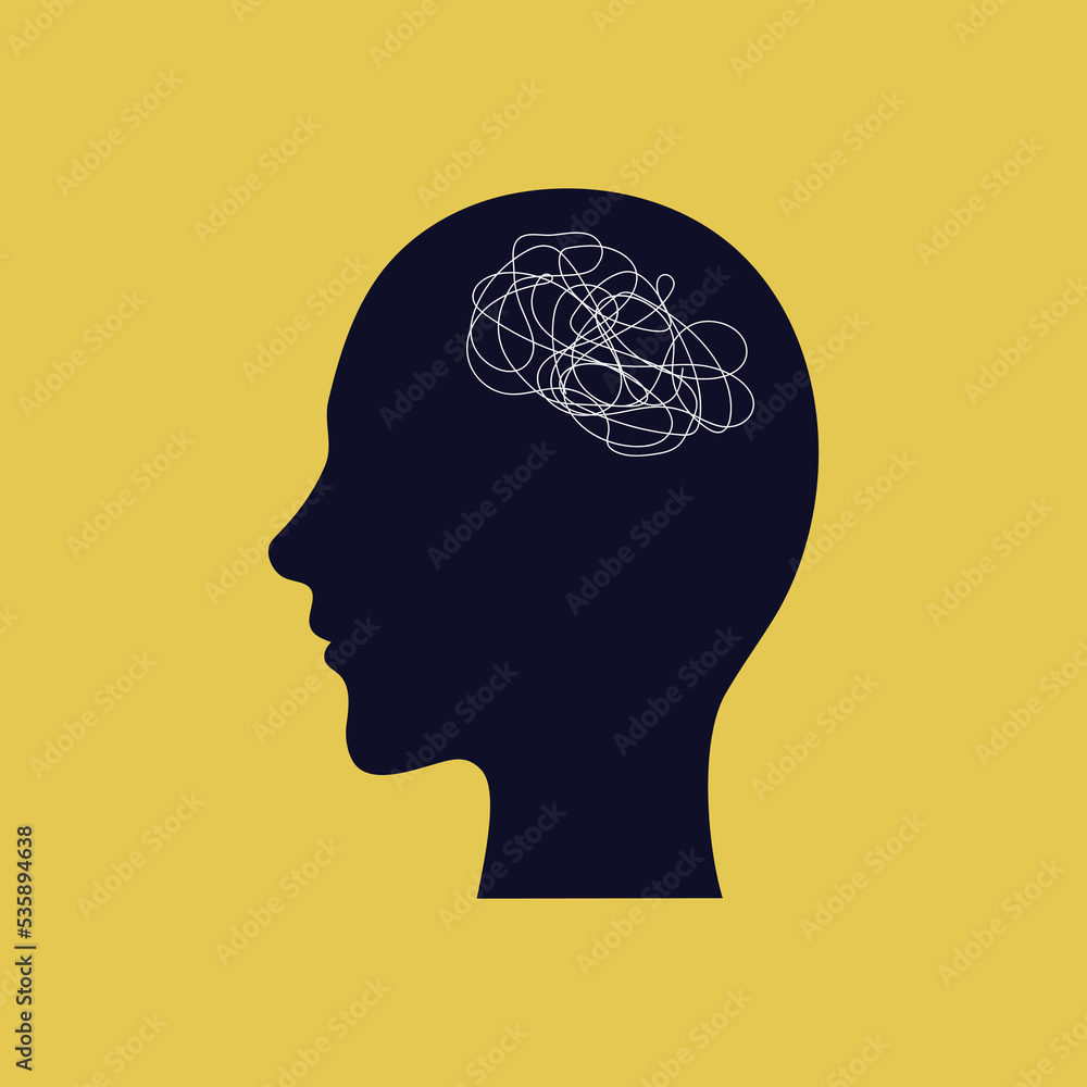 symbol of a man with confused thoughts. concept of problem, mental disorder and stress. head silhouette with thoughts on yellow background symbol of a man with confused thoughts. concept of problem, mental disorder and stress. head silhouette with thoughts on yellow background