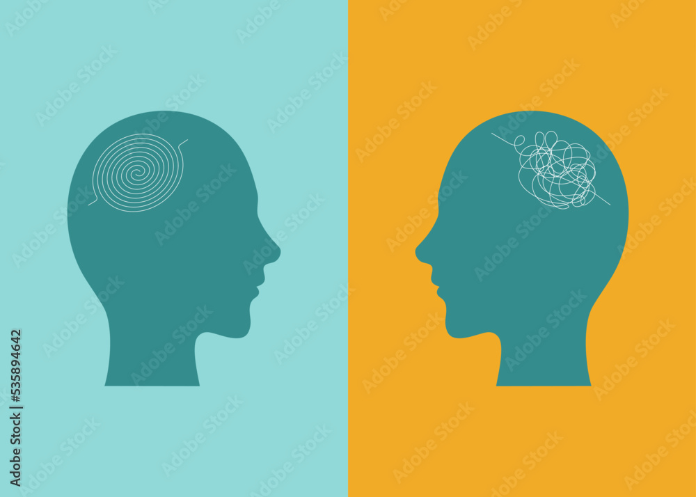 symbol of two people with confused thoughts. the concept of problem solving, treatment of mental disorder, psychotherapy. head silhouette with thoughts. two different moods
