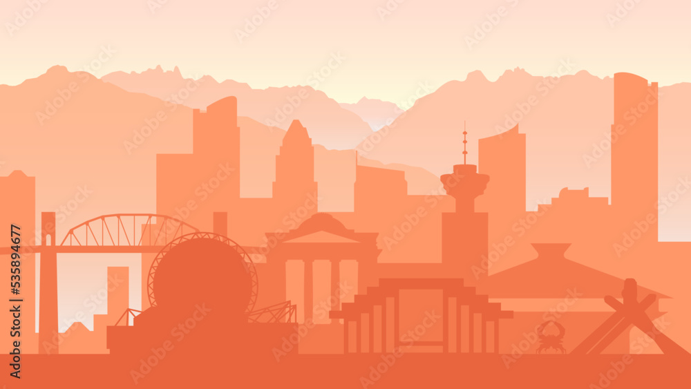 Vancouver. The silhouette of the city. Places of interest, skyscrapers, mountains. Orange.