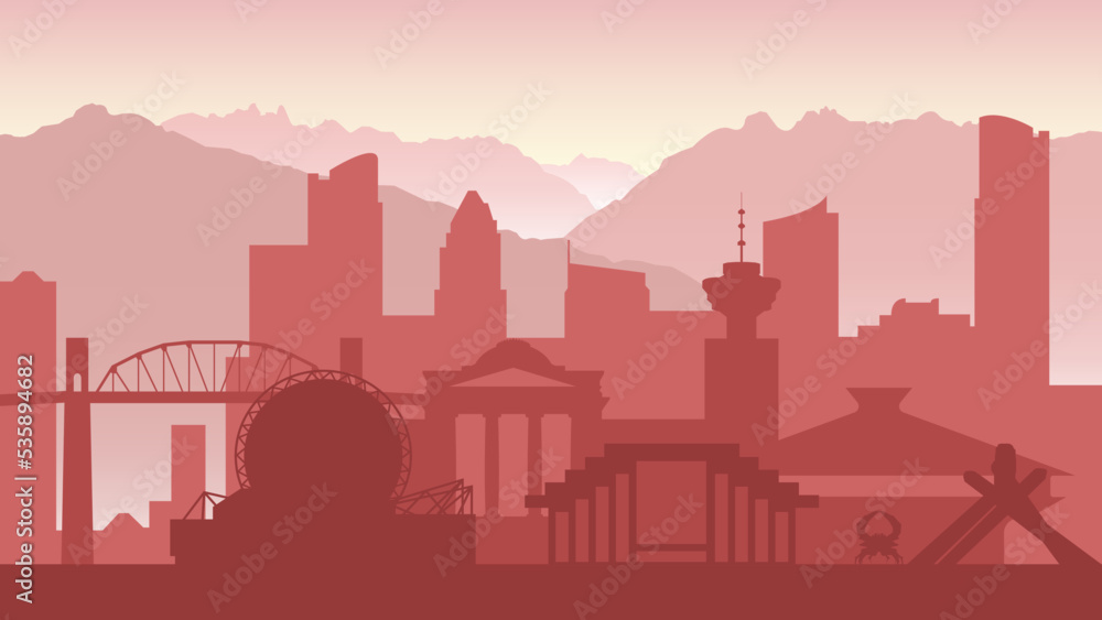 Vancouver. The silhouette of the city. Places of interest, skyscrapers, mountains. Red.