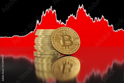 Fotografia, Obraz Stack of golden Bitcoins on red area graph of its price