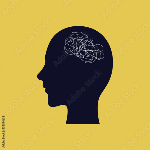 symbol of a man with confused thoughts. concept of problem, mental disorder and stress. head silhouette with thoughts on yellow background