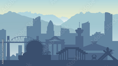 Vancouver. The silhouette of the city. Places of interest, skyscrapers, mountains. Blue.