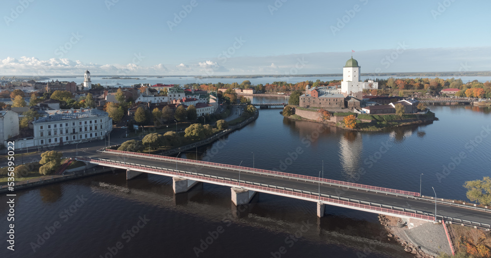 Aerial panorama of the historical center of Vyborg. Water area of the Vyborg Bay