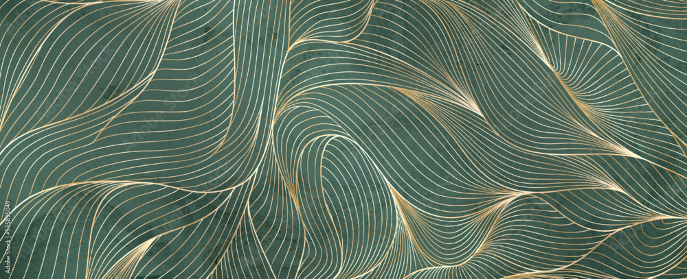 Luxury art background with abstract waves in gold line art style. Vector geometric pattern for decoration design, wallpaper, banner, packaging, textile, invitations, fabric. - obrazy, fototapety, plakaty 