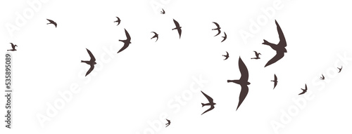 Flock of birds flying in the sky, bird png, animal or nature illustration of black outlines or silhouettes of group of birds in flight pattern, wildlife drawing or sketch