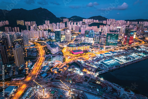 Epic aerial view of the great construction site in Kai Tak, Kowloon, Hong Kong