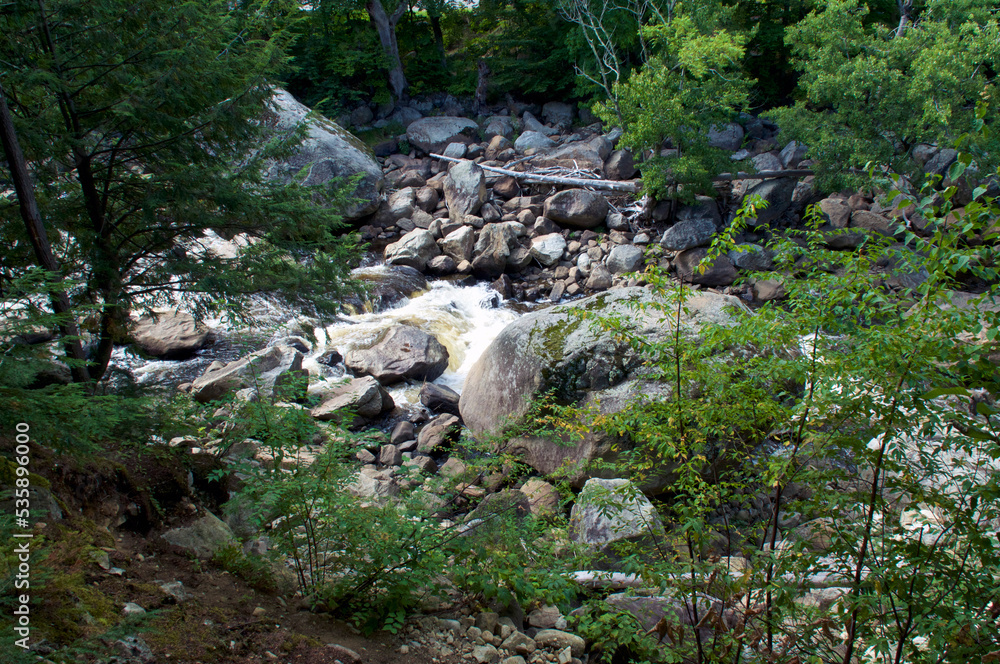 Looking down at rocky river in wilmington new york wilderness, with water rushing over large boulders and surrounded by trees on both sides.