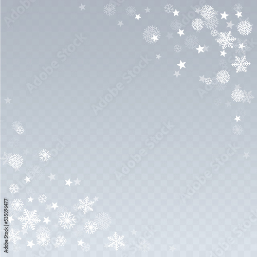 Christmas snow vector background. Falling snowflakes transparent decoration. New Year Holidays greeting card backdrop.