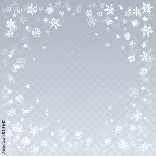 Christmas snow vector background. Falling snowflakes transparent decoration. New Year Holidays greeting card backdrop.