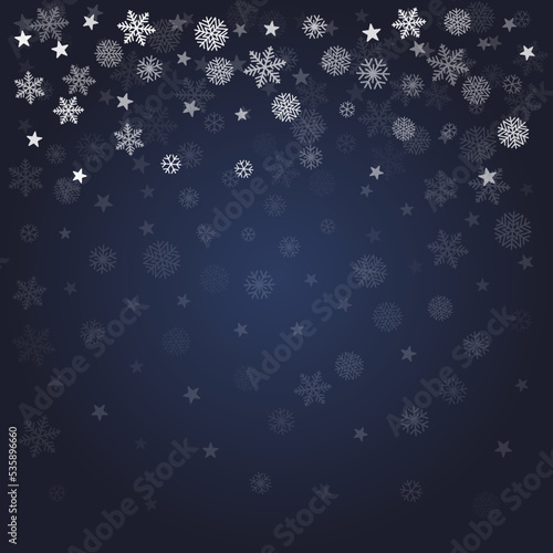 Christmas snow vector background. Falling snowflakes transparent decoration. New Year Holidays greeting card backdrop.