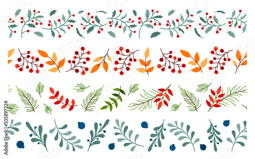 Christmas fall floral seamless border flat set. New year print pattern frame sticker stencil infinite holiday decorative ribbon scotch tape leaf berry branch evergreen plant winter vintage ornament