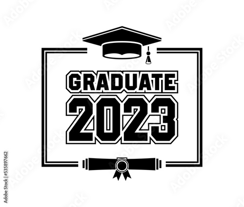 2023 class graduate - mission complete. The concept of decorate congratulation for school graduates. Design for t-shirt, flyer, invitation, greeting card. Illustration, vector
