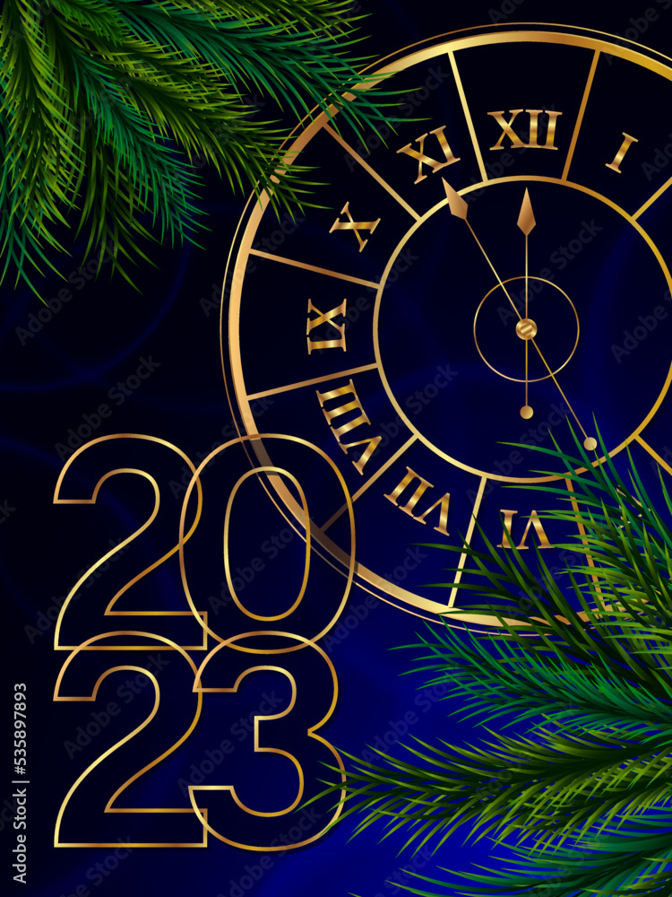 The advent of the New Year 2023 - Stylized clock and fir branches. Five minutes to midnight. Festive bright blue banner, cover, postcard or web post