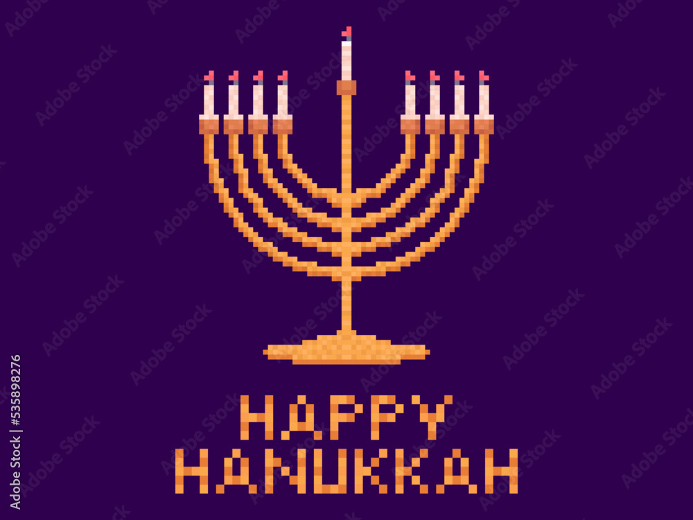 Happy Hanukkah. Menorah with nine candles in pixel art style. Golden