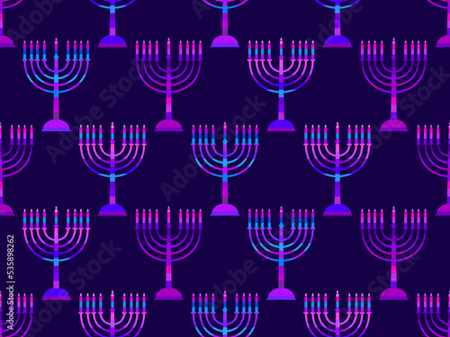 Menorah with nine Hanukkah candles seamless pattern. Happy Hanukkah. Menorah with candles on a purple background. Design for greeting card, banner and poster. Vector illustration