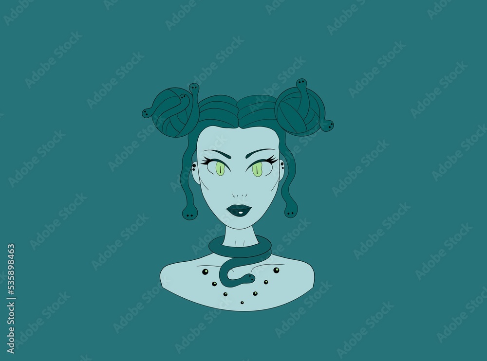 a portrait of an evil mythological creature Medusa Gorgon with bright makeup on a green background, poisonous snakes instead of hair, a fashionable hairstyle, a snake necklace a portrait of an evil mythological creature Medusa Gorgon with bright makeup on a green background, poisonous snakes instead of hair, a fashionable hairstyle, a snake necklace